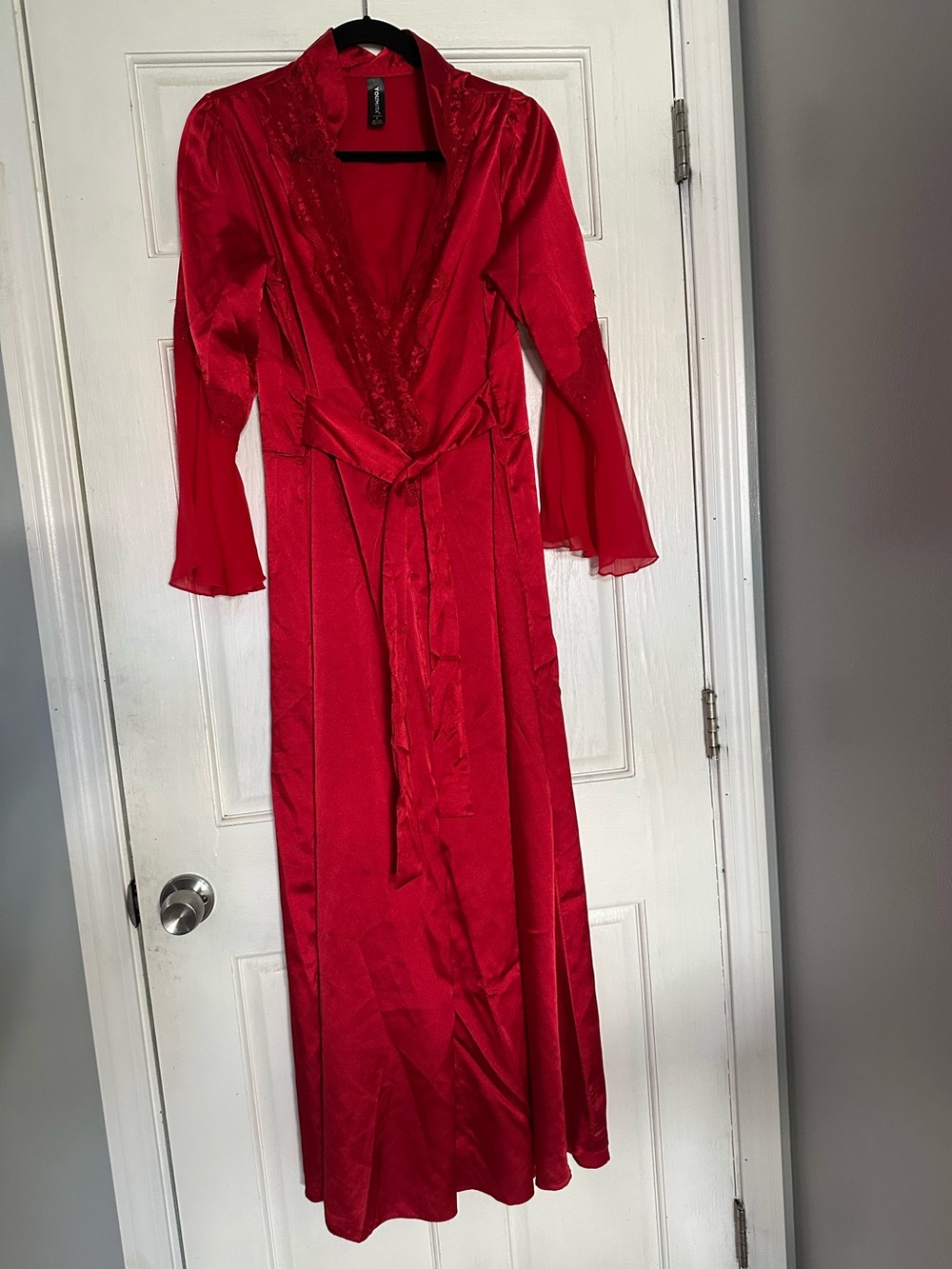 NWOT Red Satin Long Robe with Lace Trim